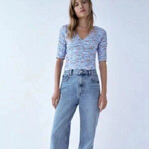 NWT ZARA Tulle Mesh Floral Ruched V neck Elbow Sleeve Pullover Top 0003/416 Sz M